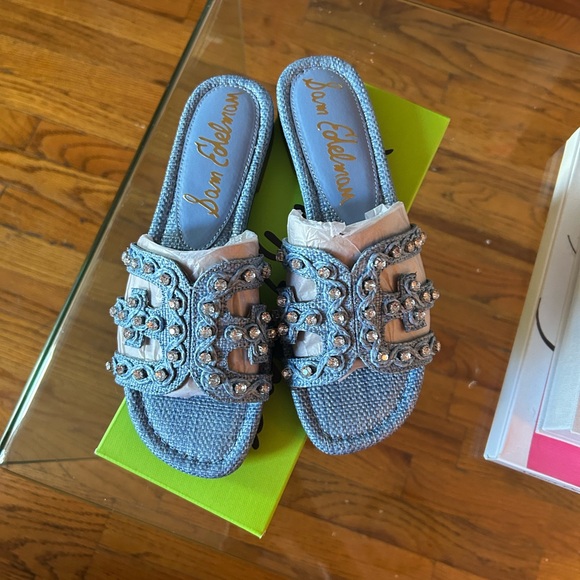 New Sam Edelman Light Blue Beaded Slide Sandals - Picture 1 of 4
